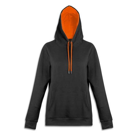 A black unisex hoodie with an orange hood lining and drawstrings, featuring a front pocket and a logo.