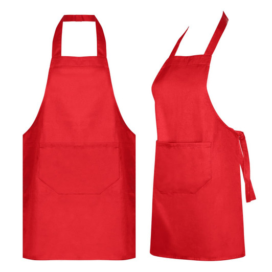 A red Dali Youth Apron featuring a front pocket, designed for workwear, with adjustable neck and waist ties.
