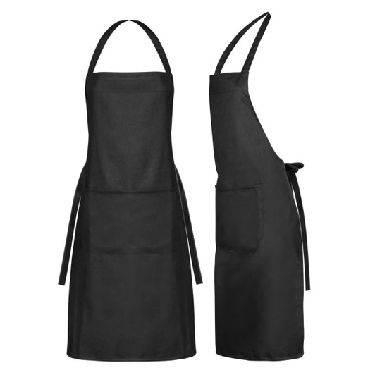 A black apron featuring adjustable straps and a front pocket, displayed from both front and back angles.