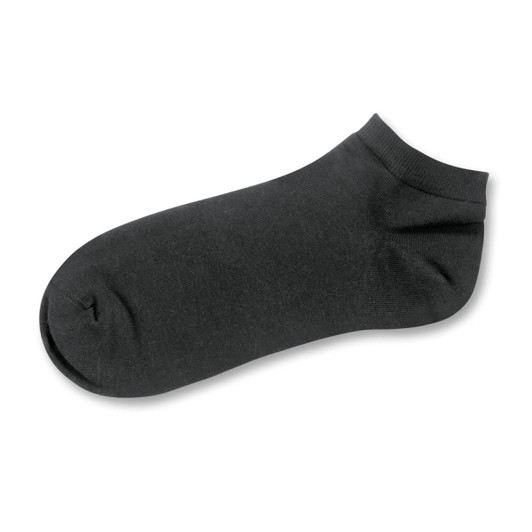 A black ankle sock with a smooth texture and a ribbed cuff, featuring a logo on the side.