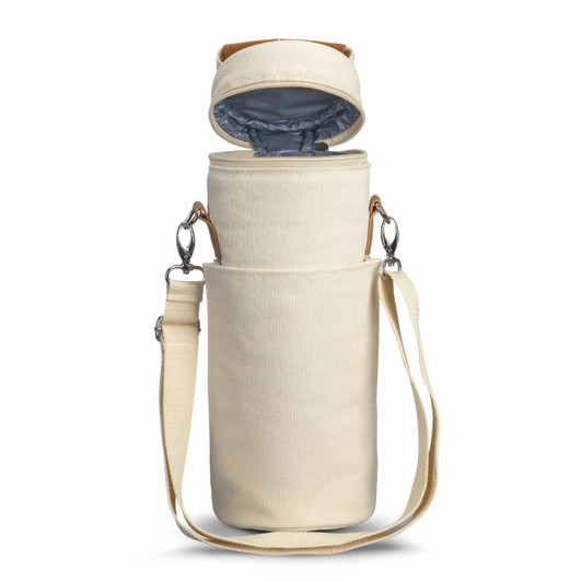 A cream cooler bag with a removable lid, featuring a shoulder strap and an inner lining for insulation.
