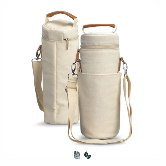 A cream wine cooler bag featuring a zippered top, adjustable shoulder strap, and a side pocket. It has a logo.