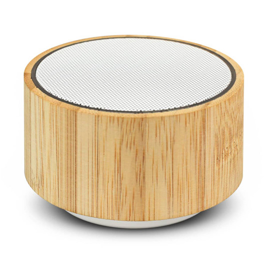 A bamboo Bluetooth speaker with a round design and a white speaker grille on top. It has a natural wood finish.