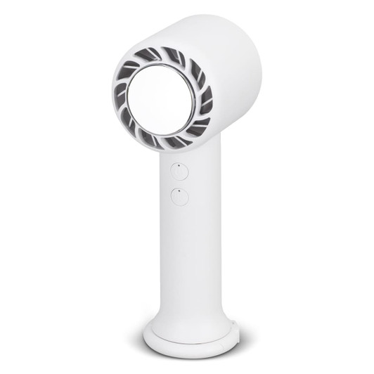 A white personal cooling fan with a sleek design and two buttons for operation. It features a circular airflow outlet.