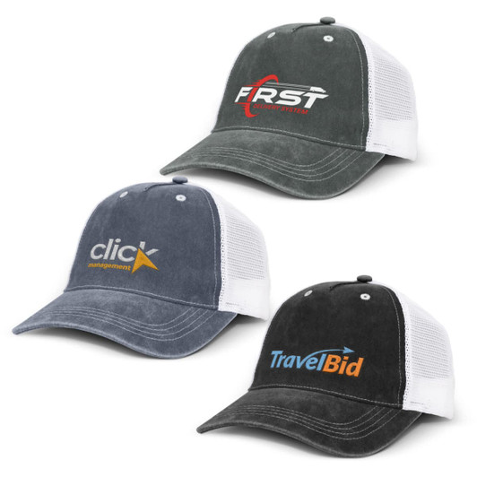 A collection of faded trucker caps in grey, navy blue, and charcoal, each featuring a logo.