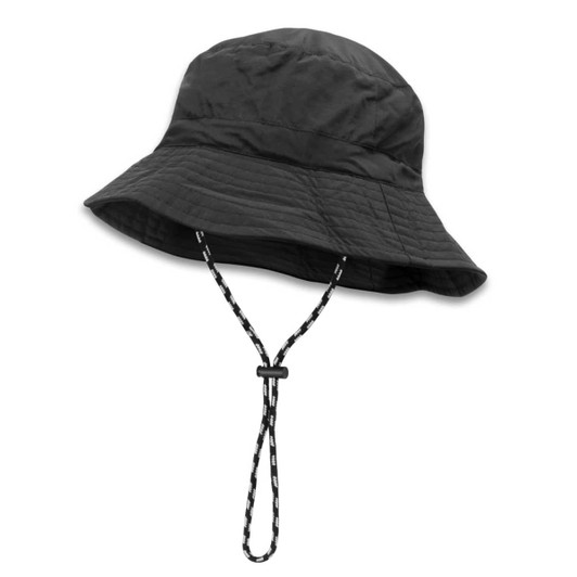 A black packable bucket hat with a chin strap, featuring a textured surface and wide brim.