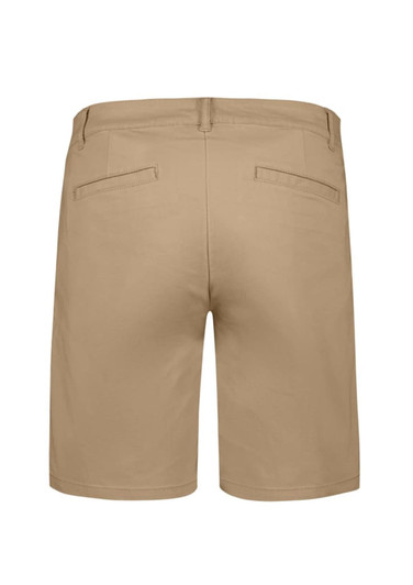 A pair of women's chino shorts in a light tan colour with pockets at the back, featuring a branding logo.
