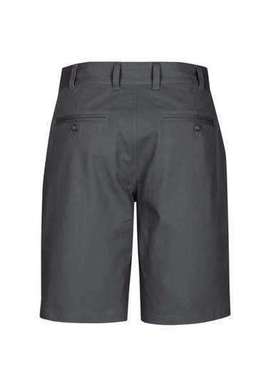 A pair of grey dress shorts featuring back pockets and a sleek design. Includes a logo.