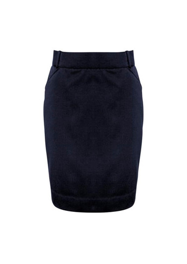A navy women's skirt with a fitted design and pockets, featuring a waistband and a subtle logo detail.