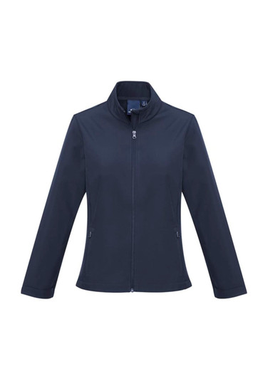A dark navy soft shell jacket with a high collar and zipped front, featuring side pockets and a logo.