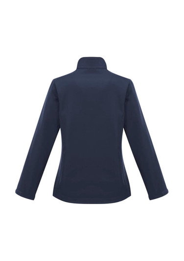 A women's soft shell jacket in navy blue, featuring a high collar and long sleeves. Branding is present.