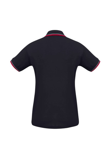 A black women's short sleeve polo shirt with contrasting red trim and a logo on the front.