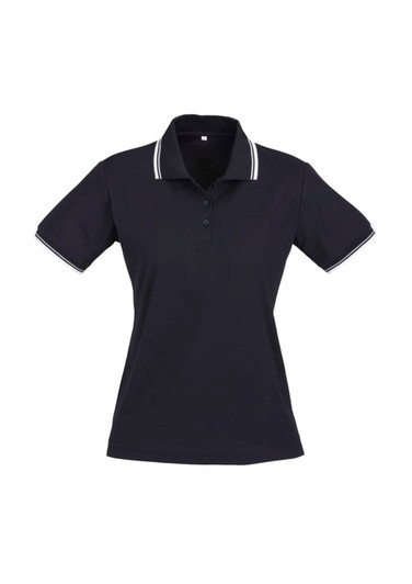 A women's short sleeve polo shirt in navy blue with contrasting white stripes on the collar and sleeves.