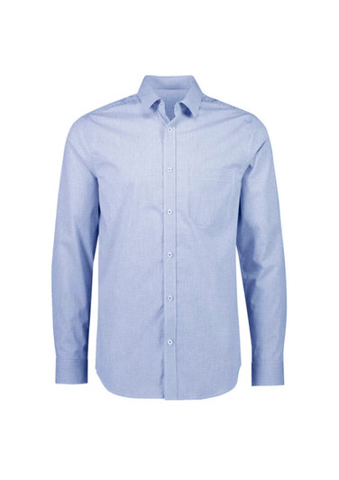 A blue and white checkered long sleeve button-up shirt with a collar and logo detail.