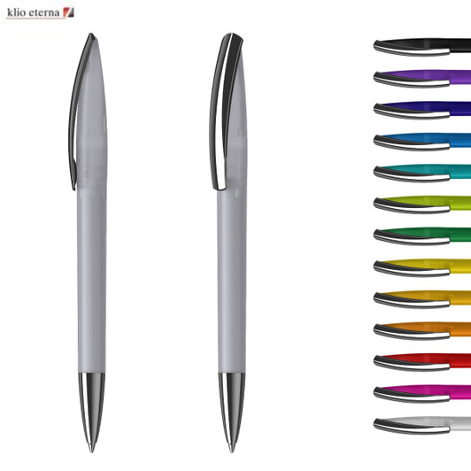 A grey plastic pen with a silver clip, displayed alongside various ink colours in a row on the right.