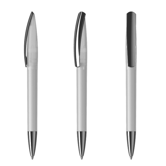 Three plastic pens featuring a soft frost white body with black accents and a logo on the side.