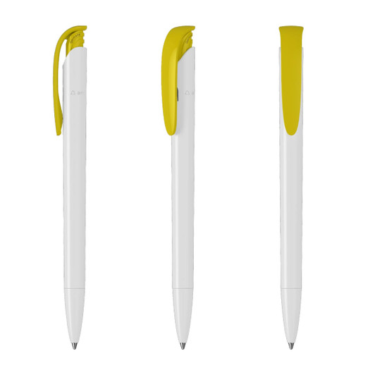 A white plastic pen with a bright yellow clip, featuring a logo on the barrel.