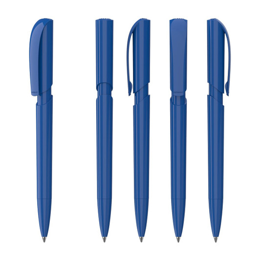 Five blue plastic pens displayed in various positions, featuring a sleek design and clips for convenience.