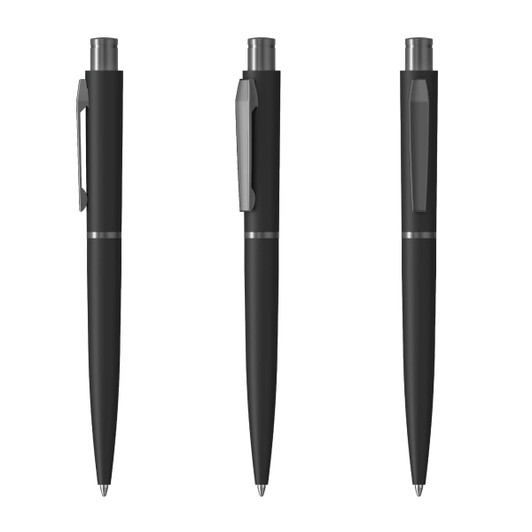 A black metal pen with a sleek design, featuring a clip and a smooth finish. The pen has a logo on the side.