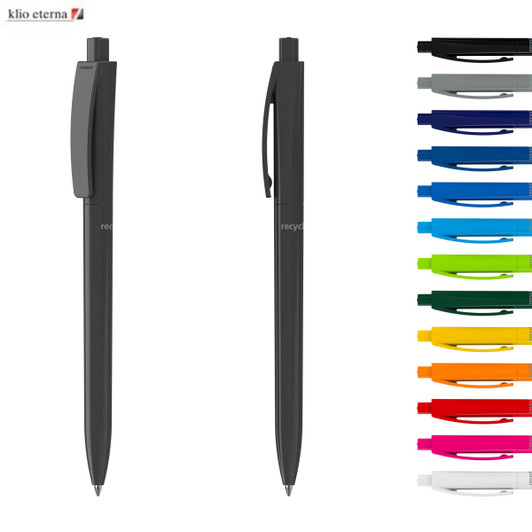 A set of plastic pens in various colours, with a sleek design and a logo on each pen.
