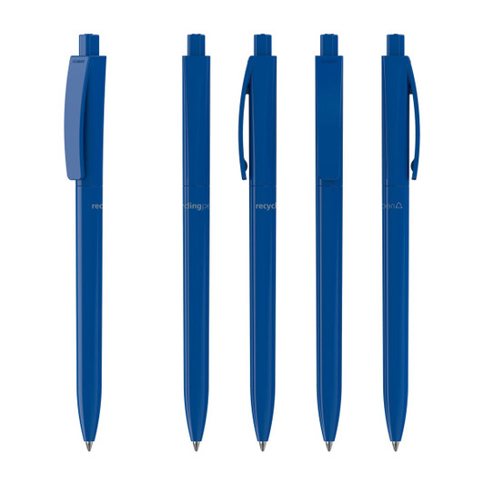 A set of blue plastic pens, featuring different designs, all with a branding logo.