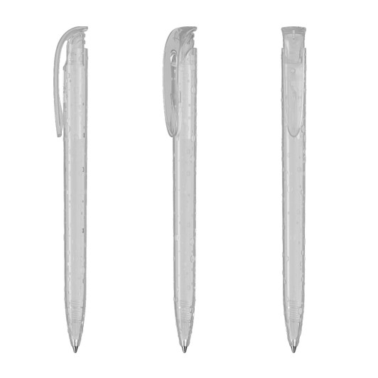 A set of transparent plastic pens in various angles, featuring a clip and a smooth barrel design.