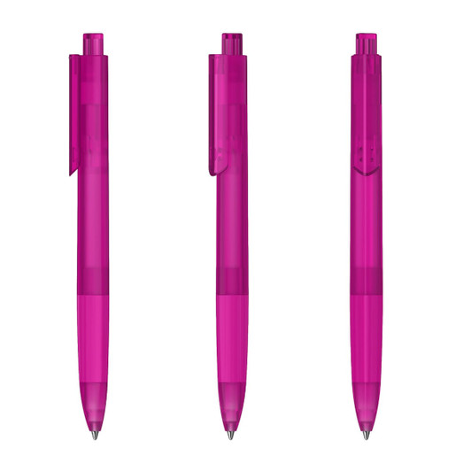 A set of three transparent pink plastic pens with a clip and a smooth barrel design.