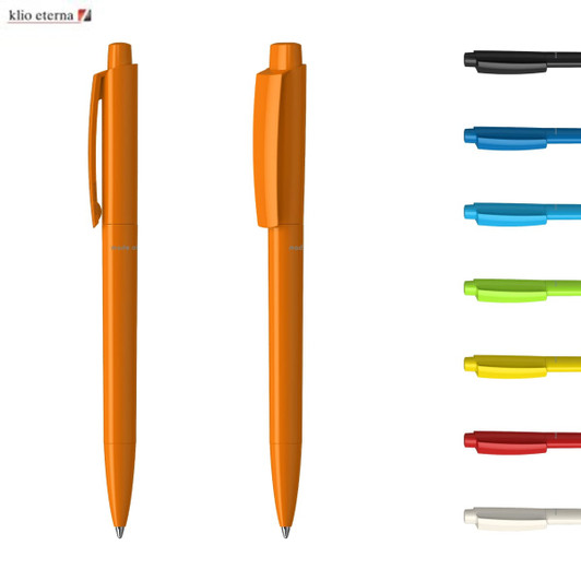 Two orange plastic pens are displayed, along with various other coloured pens in black, blue, green, yellow, and white.