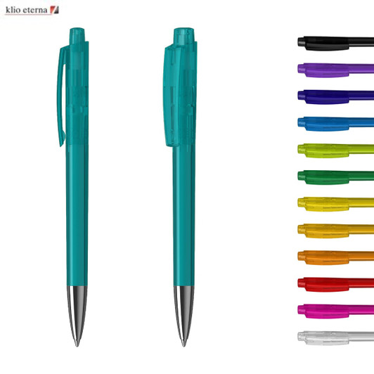A set of transparent plastic pens in various colours, featuring a silver clip and tip. The product has a logo on it.