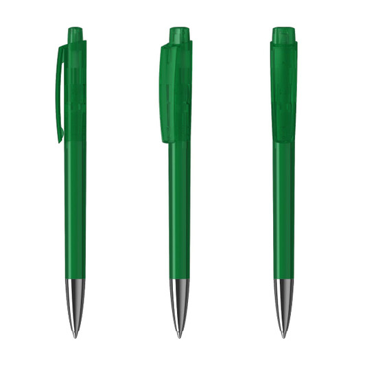 Transparent green plastic pens with silver accents, featuring a click mechanism and a logo.