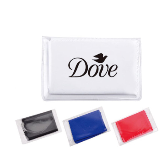 A white pouch containing three small cleaning cloths in black, blue, and red, with a logo on the pouch.