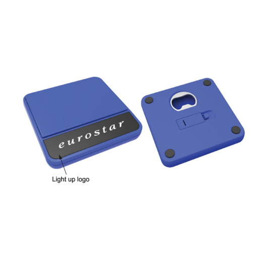 A blue coaster with a bottle opener and a light-up logo on one side. The underside features a bottle opener cutout.