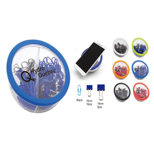 A container with blue lid holding assorted clips, featuring a mobile phone stand, available in various colours.