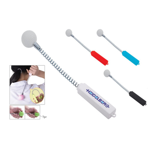 A massage tool featuring a spiral cord, available in white, red, blue, and black, with rubber massage balls on each end.