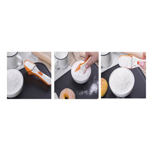 A set of three images featuring a white and orange measuring spoon scooping flour from a bowl onto a surface.