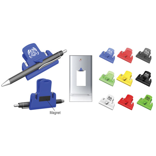 A multifunctional clip in blue with a pen, alongside various coloured clips including red, green, yellow, black, and white.