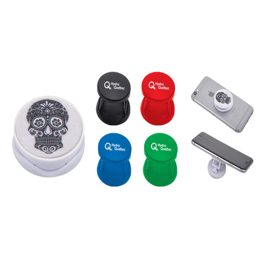 Mobile phone stands in various colours, including black, red, green, and blue, featuring a decorative skull design.