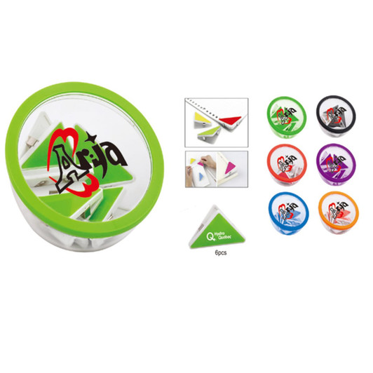A container with six plastic clips in various colours: green, red, blue, purple, orange, and black. It includes a logo.
