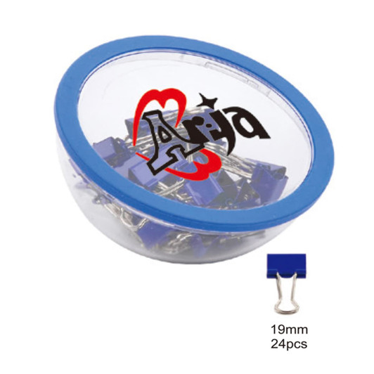 A clear container with a blue lid filled with blue binder clips, featuring a logo on the side.