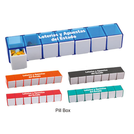 A blue 7-day pill box with separate compartments, accompanied by orange, green, and black versions in the background.