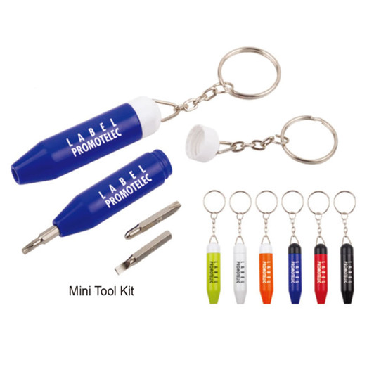 A mini tool set featuring a blue keyring with screwdriver attachments in various colours including orange, white, and green.