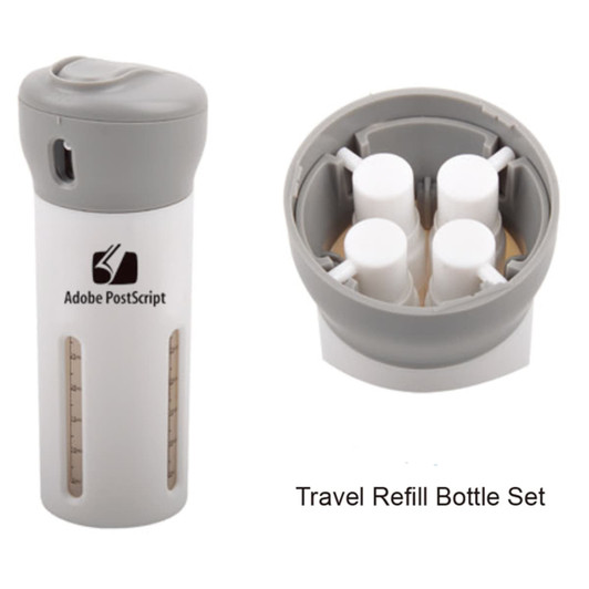 A drink bottle in white and grey, featuring a built-in compartment with four smaller refill bottles and a logo.