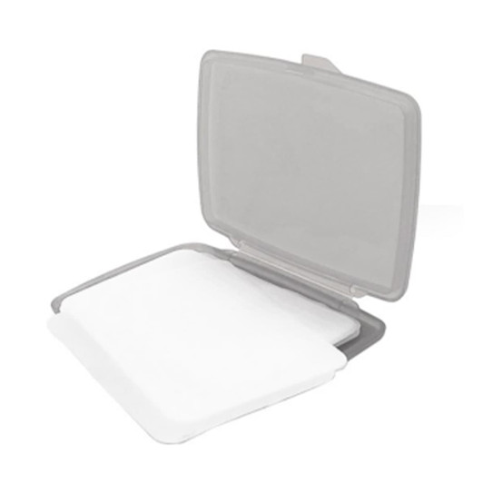 A grey case containing multiple sheets of transparent paper soap, designed for personal hygiene use.