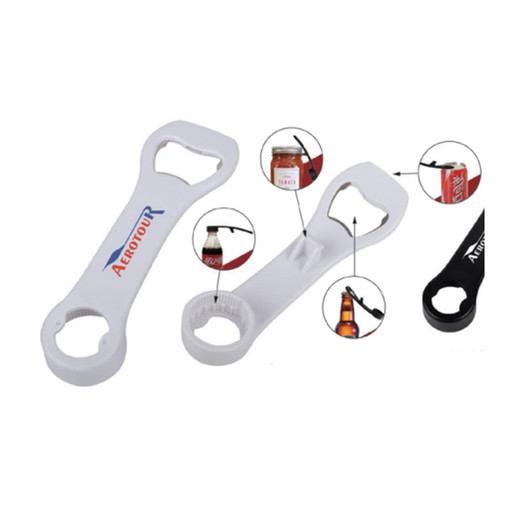 A drink bottle opener in white featuring a handle, with a black version also present. Both have logos.