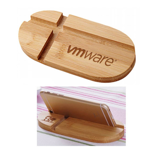 A bamboo mobile holder with a sleek design featuring a logo, designed to hold phones.