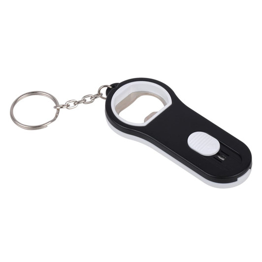 A black and white bottle opener with a letter opener feature, attached to a keyring.