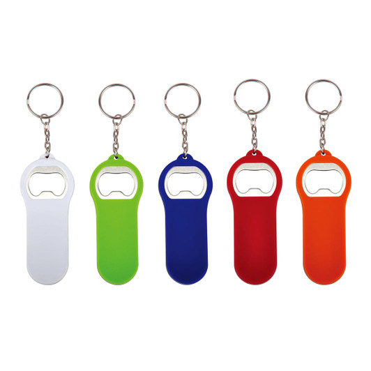 A drink bottle opener with letter opener in five colours: white, green, blue, red, and orange. Features a keyring attachment.