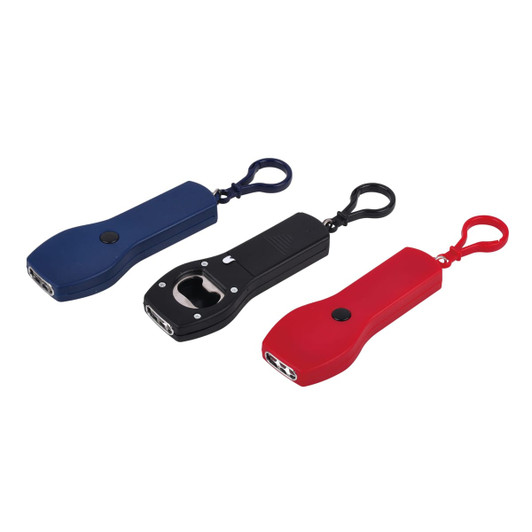 A drink bottle opener with LED in blue, black, and red colours, featuring a keyring attachment and logo branding.