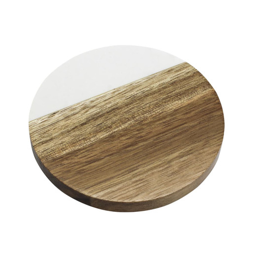 A drink bottle opener coaster in a circular shape with a natural wood grain finish and a white section.