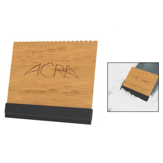 A wooden ice scraper with a black rubber base, featuring a logo on its surface.